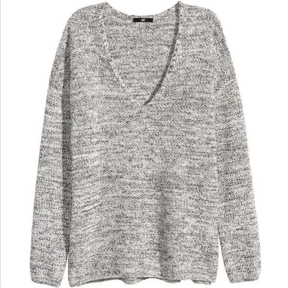 H&M Knit Sweater Women's Size Small Grey White Marled Conscious  Cotton V-Neck - Picture 5 of 8
